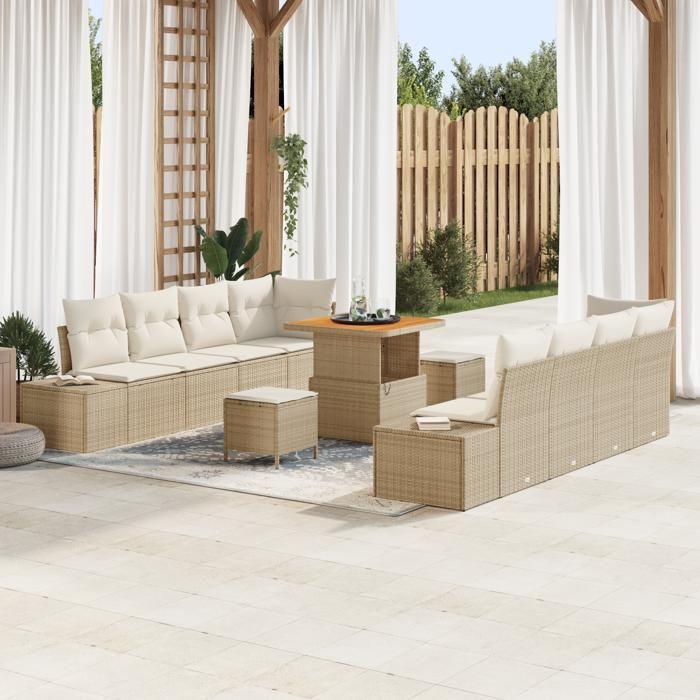 VidaXL Ensemble de canapé de jardin 11 pièces avec coussins Beige Rotin Poly Acacia 3364706