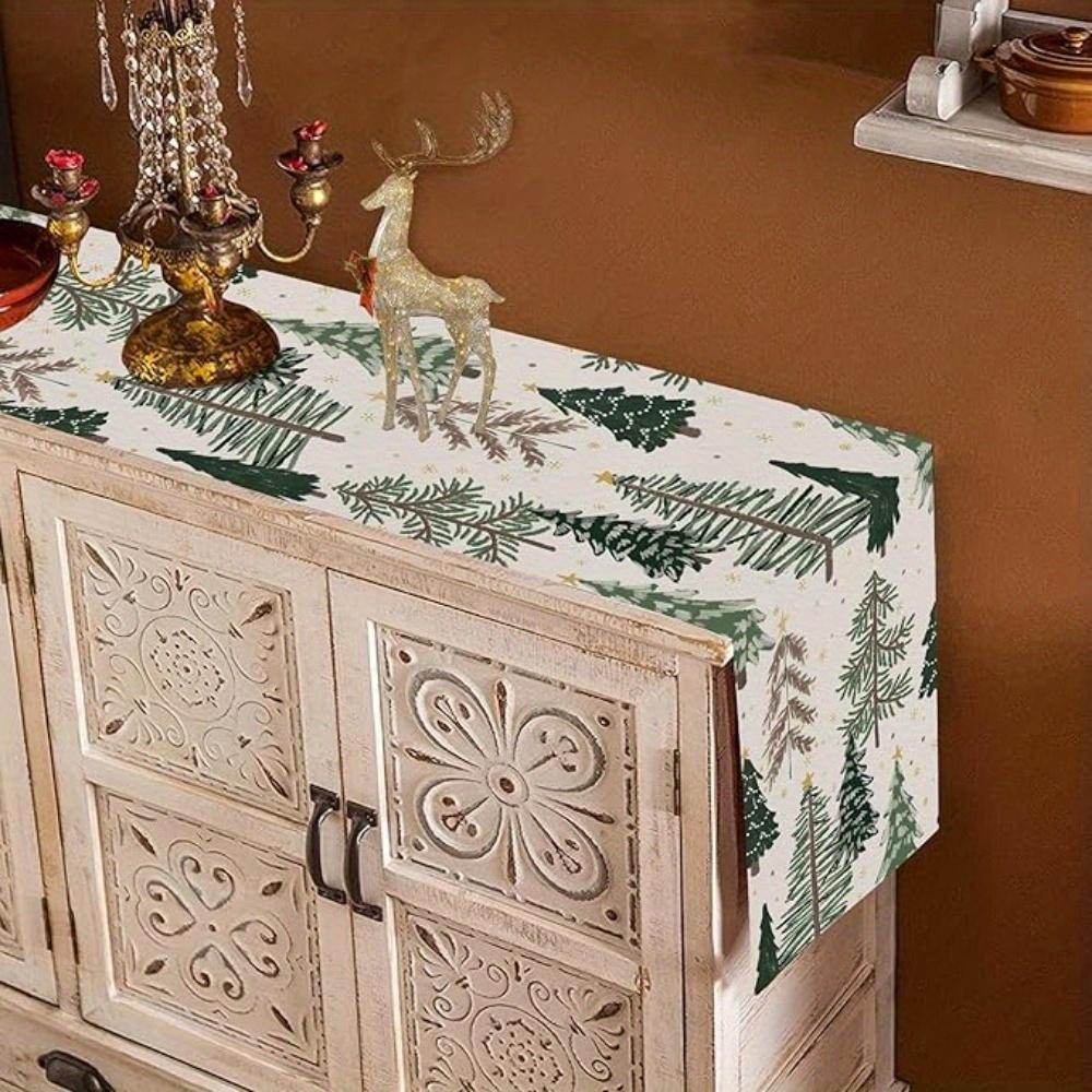 Christmas Linen Table Runner Holiday Party Decor Reusable Winter Watercolor Trees Snowflakes Table Runners Christmas Decorations