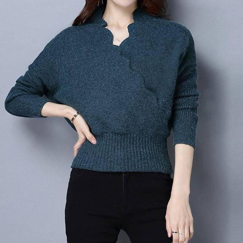 Elegante, modische, überkreuzte V-Ausschnitt-Pullover für Damen im Herbst und Winter, neue Einfachheit in Volltonfarbe, kurze Strickoberteile