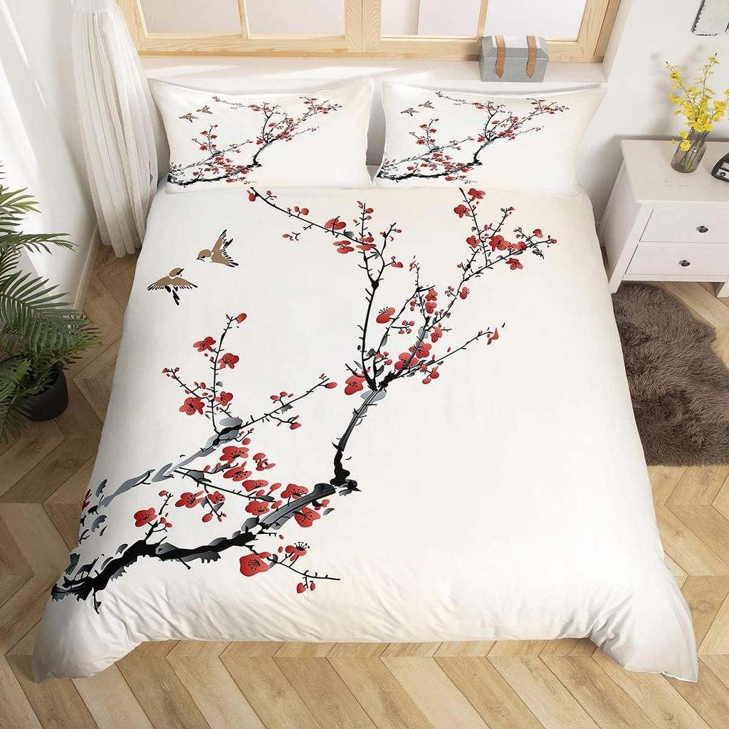 Cherry Blossoms Duvet Cover King for Women Ink Painting Black White Comforter Cover Romantic Theme Bedding Set with 2 Pillowcase
