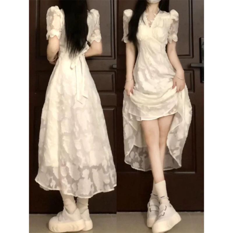 Women s French Style Summer Puff Sleeve Cinched Waist Dress Double Extra Large