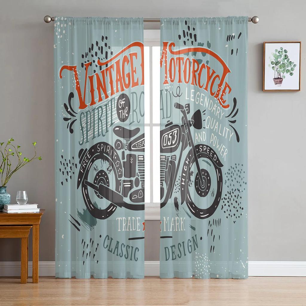 Motorcycle Highway Retro Style Chiffon Curtains Living Room Bedroom Home Decoration Window Voiles Tulle Curtain Light Filtering For Sitting Polyester