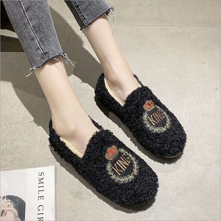 Winter new Doudou shoes fluffy shoes wear flat-bottomed velvet cotton shoes thick-soled bow cotton shoes low-top warm shoes