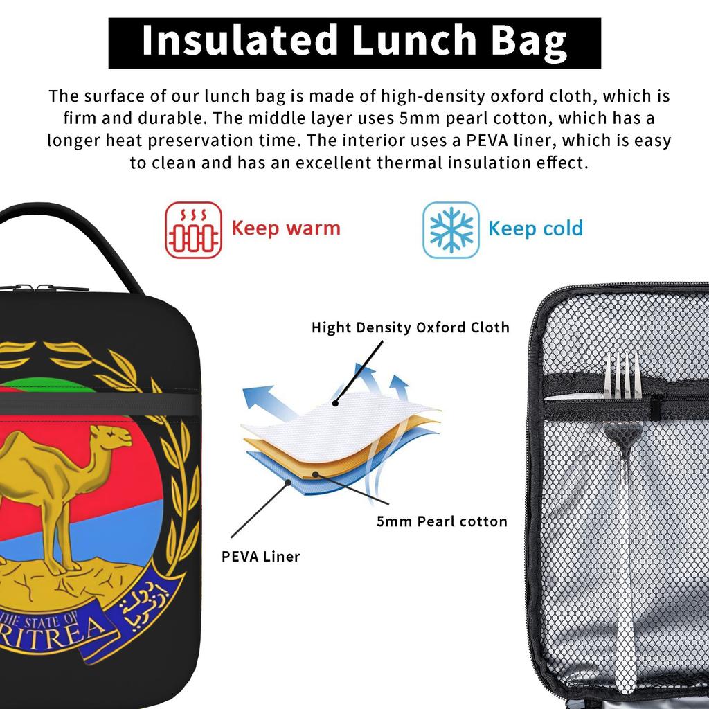 Coat of arms Eritrea Lunch Bag For Child Eritrea Flag Print Lunch Box Aesthetic School Cooler Bag Portable Zipper Lunch Bags
