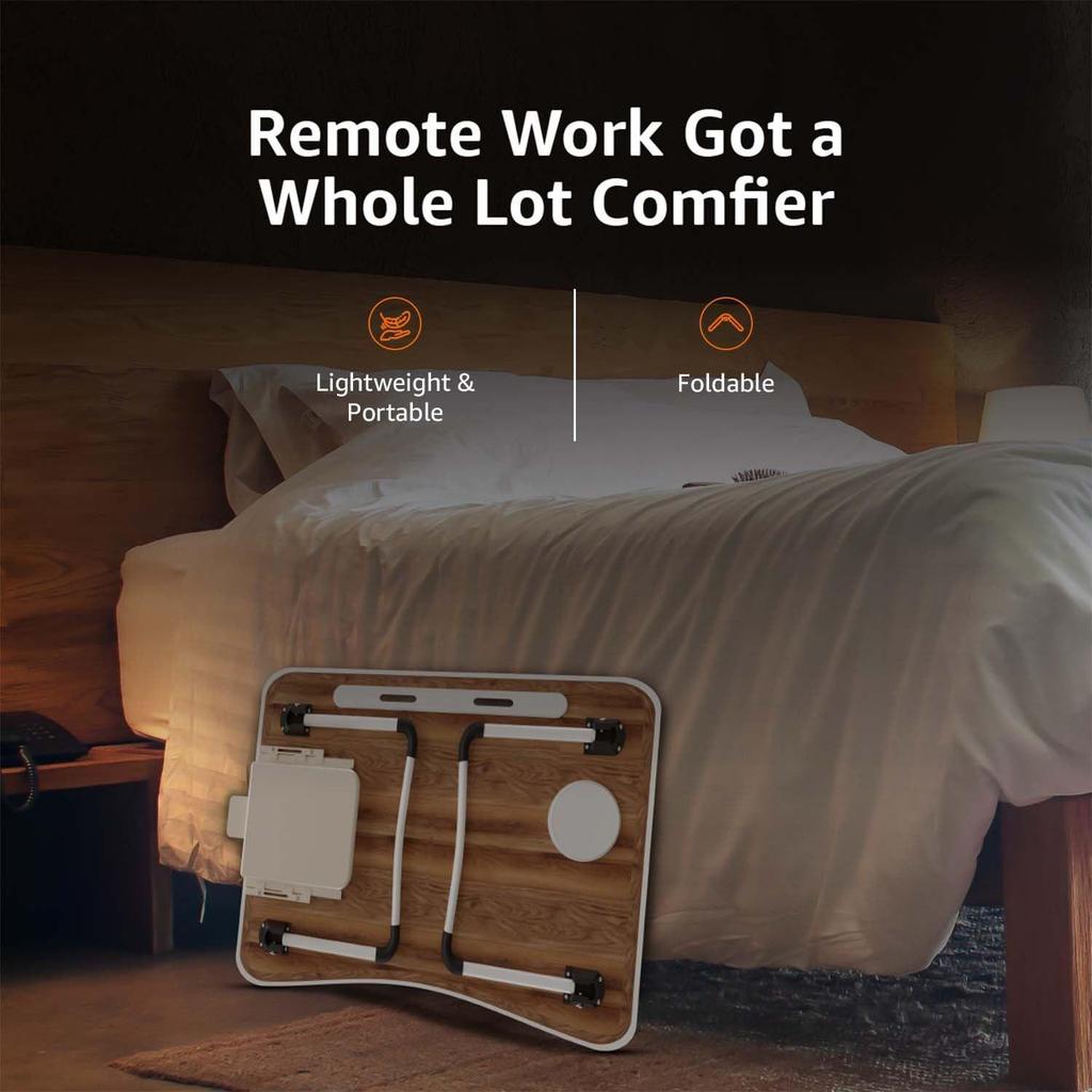 Engineered Wood Foldable Laptop Table with Cup Holder, Tablet Groove and Mini Drawer (60L X 40W X 26H Cm, Blue)