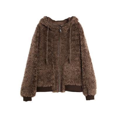 French Vintage Casual Loose Versatile Hooded Zipper Long Sleeve Faux Lamb Wool Coat Women Outerwear EF52661