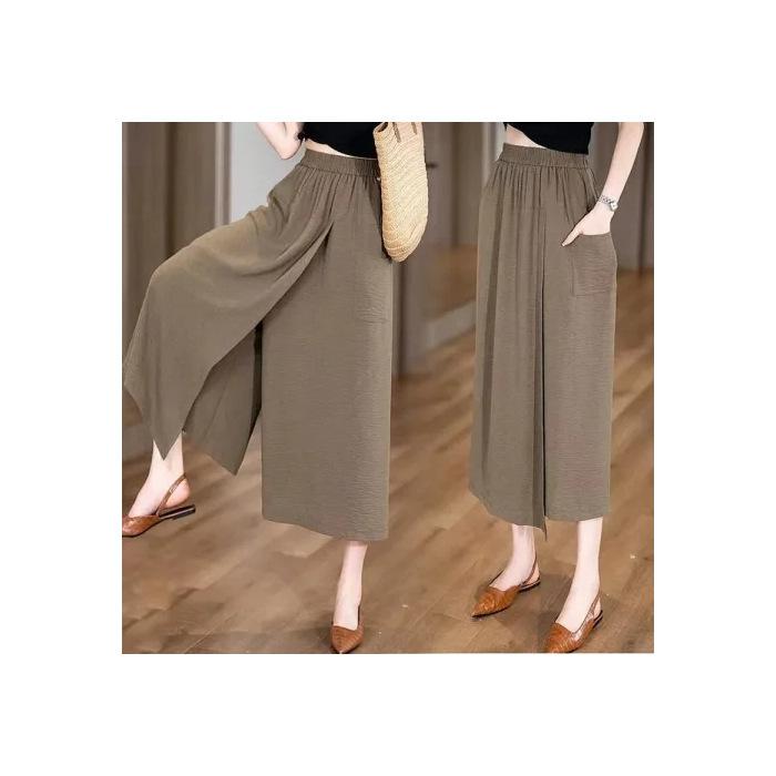 Women s Elastic Waist Split Skort Loose Fit Wide Leg Cropped Palazzo Trousers S