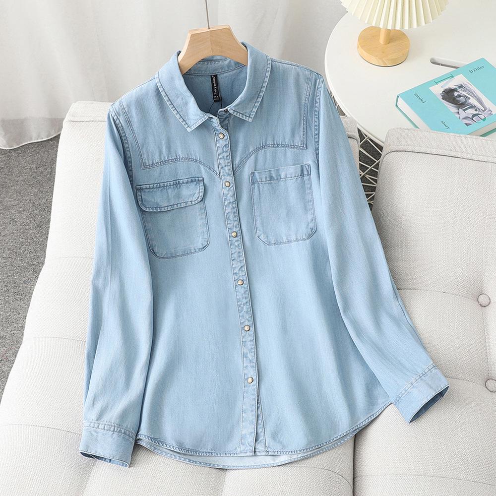 

Women s Blue Tencel Denim Long Sleeve Shirt - Autumn New Design with Straight Shoulder for Casual Layering XL