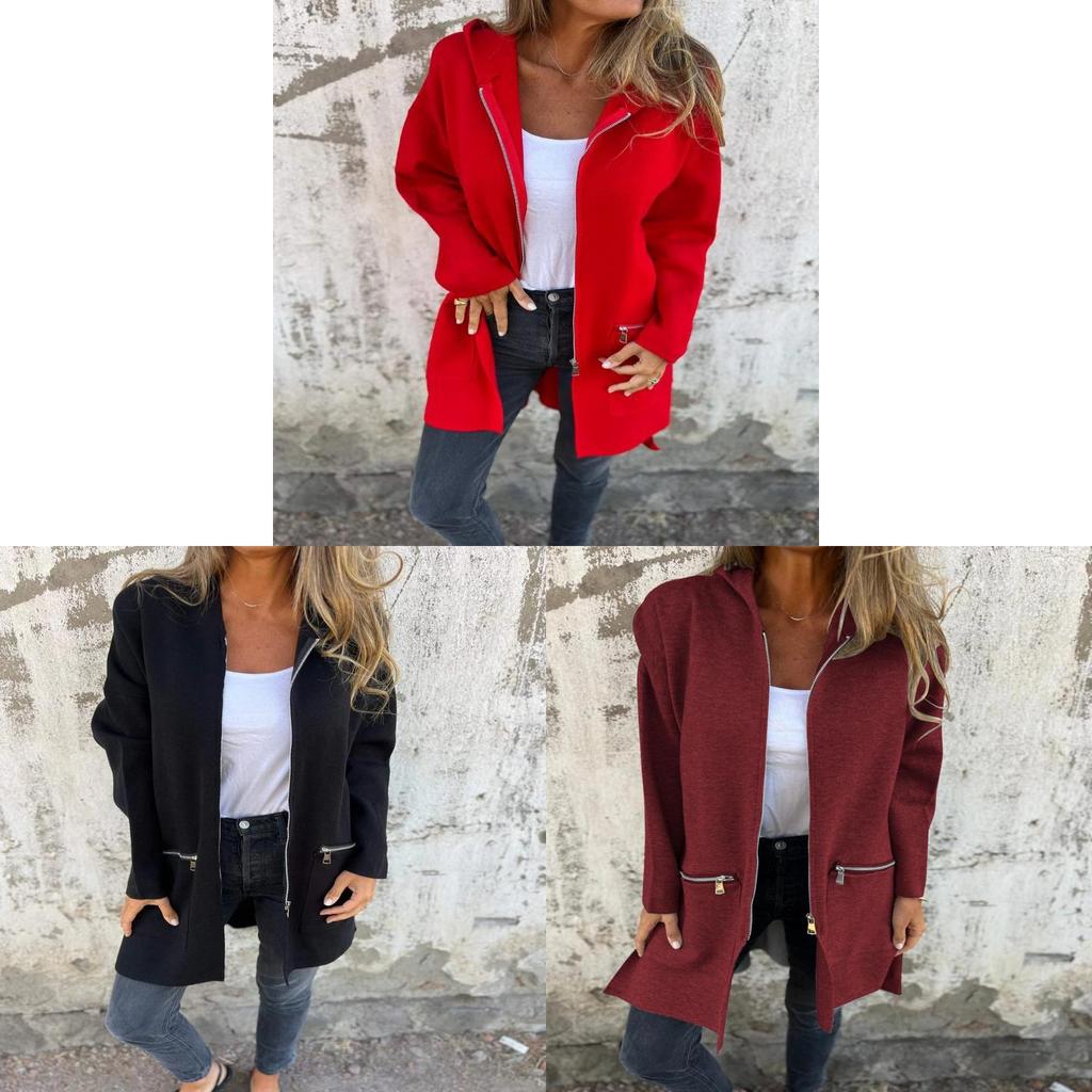 Solid Color Polyester Casual Hooded Jacket For Women With Pockets