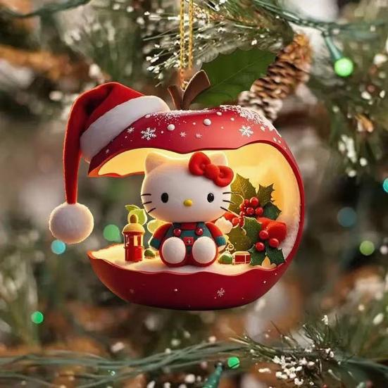 Christmas Ornament Cartoon Anime Cat In Red Fruit Christmas Tree Ornament 2D Acrylic Hanging Pendant for Holiday Home Decor