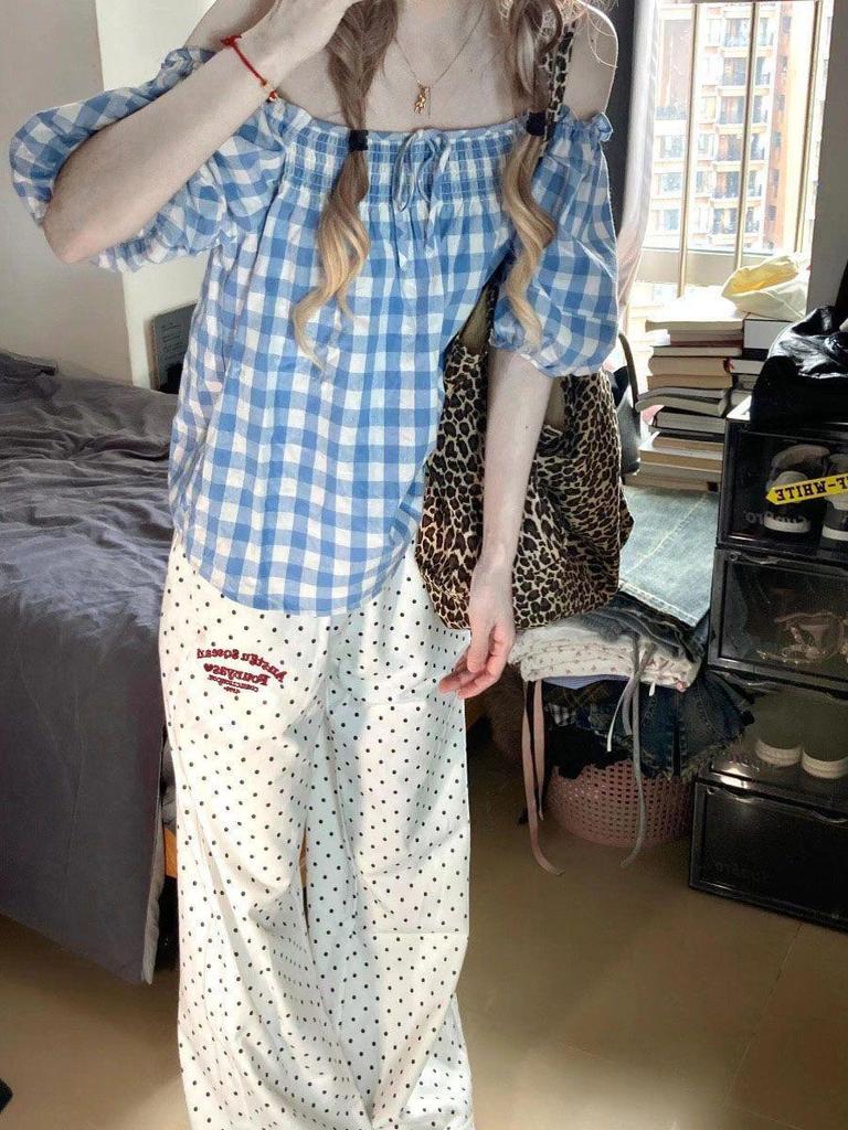 Women's High-Waist Polka Dot Wide-Leg Embroidery Pants - Casual Spring/Summer Straight-Leg, Loose-Fit, Slimming Style.