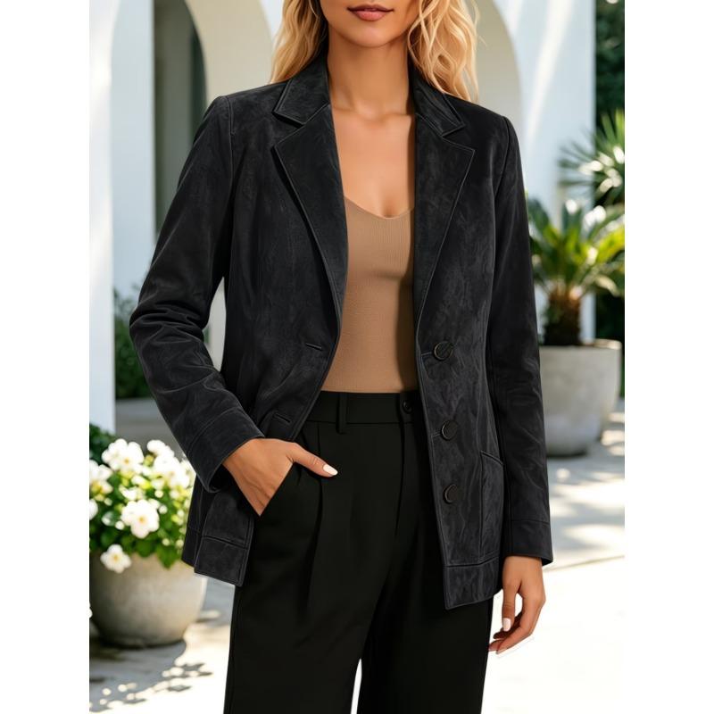 Women S Suede Lapel Pocket Long Sleeve Blazer