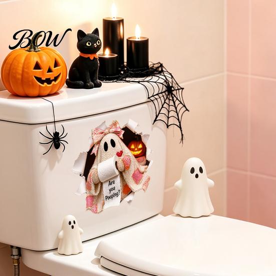 Lifelike Toilet Wall Art Halloween Bathroom Sticker, Cute Ghost Witch Cat Decal, Spooky Decorations Skeleton Are You Pooping Sticker for Decor Cartoon