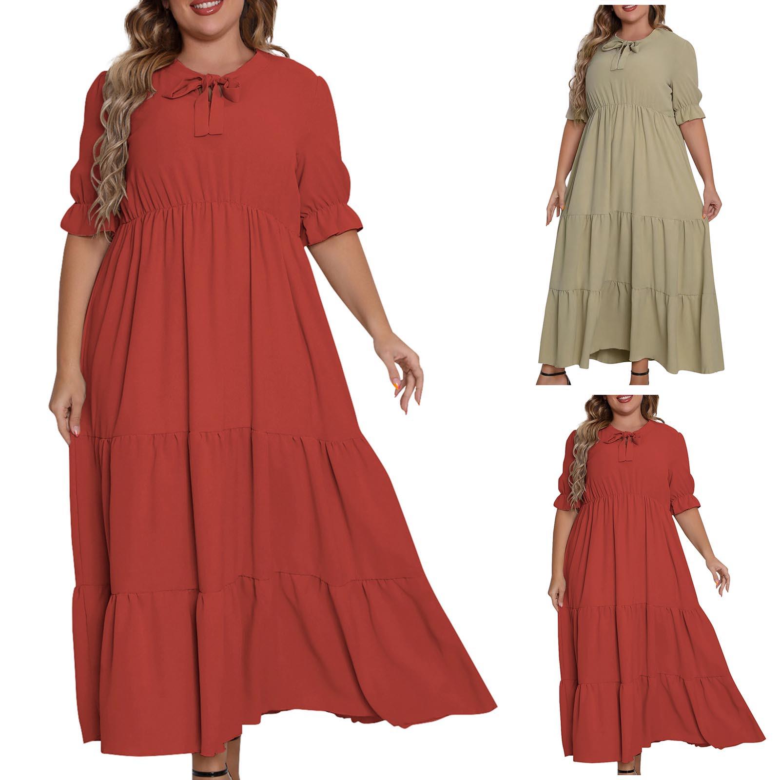 

Женская мода Плюс Размер Сплошной цвет Круглая шея с коротким рукавом Бант Платье