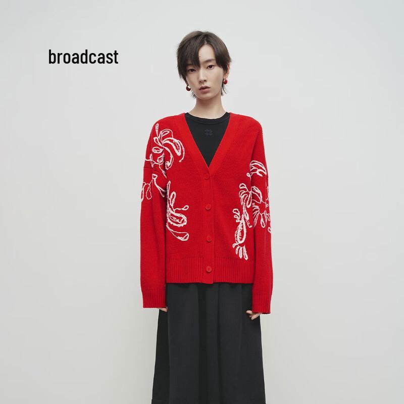 Broadcast Women's New Year Red Jacquard Knit Cardigan Sweater