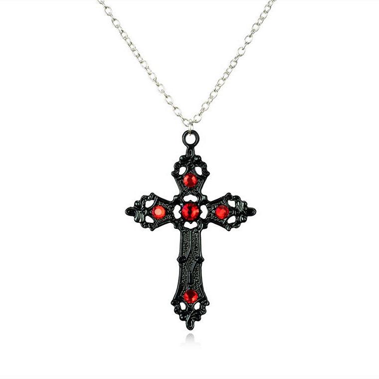 New Gothic Dark Retro Hollowed-out Cross Red Zircon Big Pendant Necklace for Women Men Halloween Party Jewelry Accessories Gifts