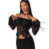 Autumn and Winter Elegant Women's Black Floral Mesh Strapless Flared Sleeve T-Shirt