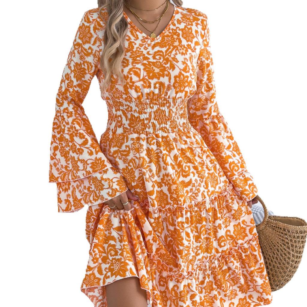 Frühlings- und Sommer-Retro-Kleid mit ausgestelltem Ärmel, Ohrring-Detail, Glocken-Taille, A-Linie für Damen
