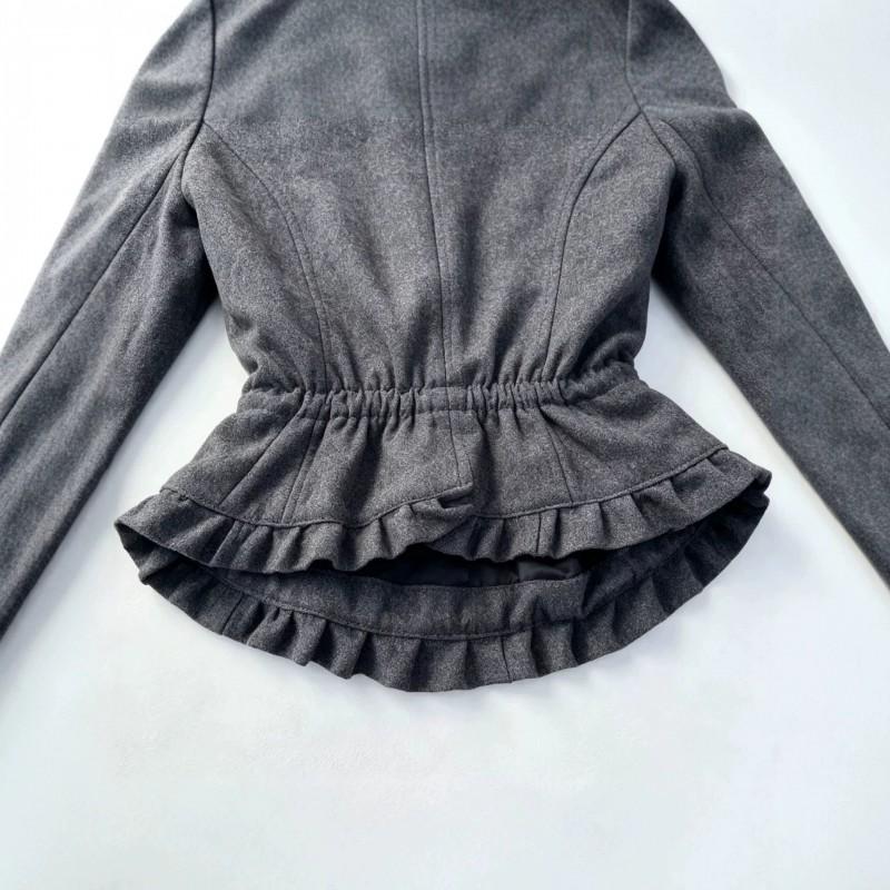 Womens Y2K Wool Blend Coat Short Fitted Ruffled Hem Double Collar Street Style Winter
