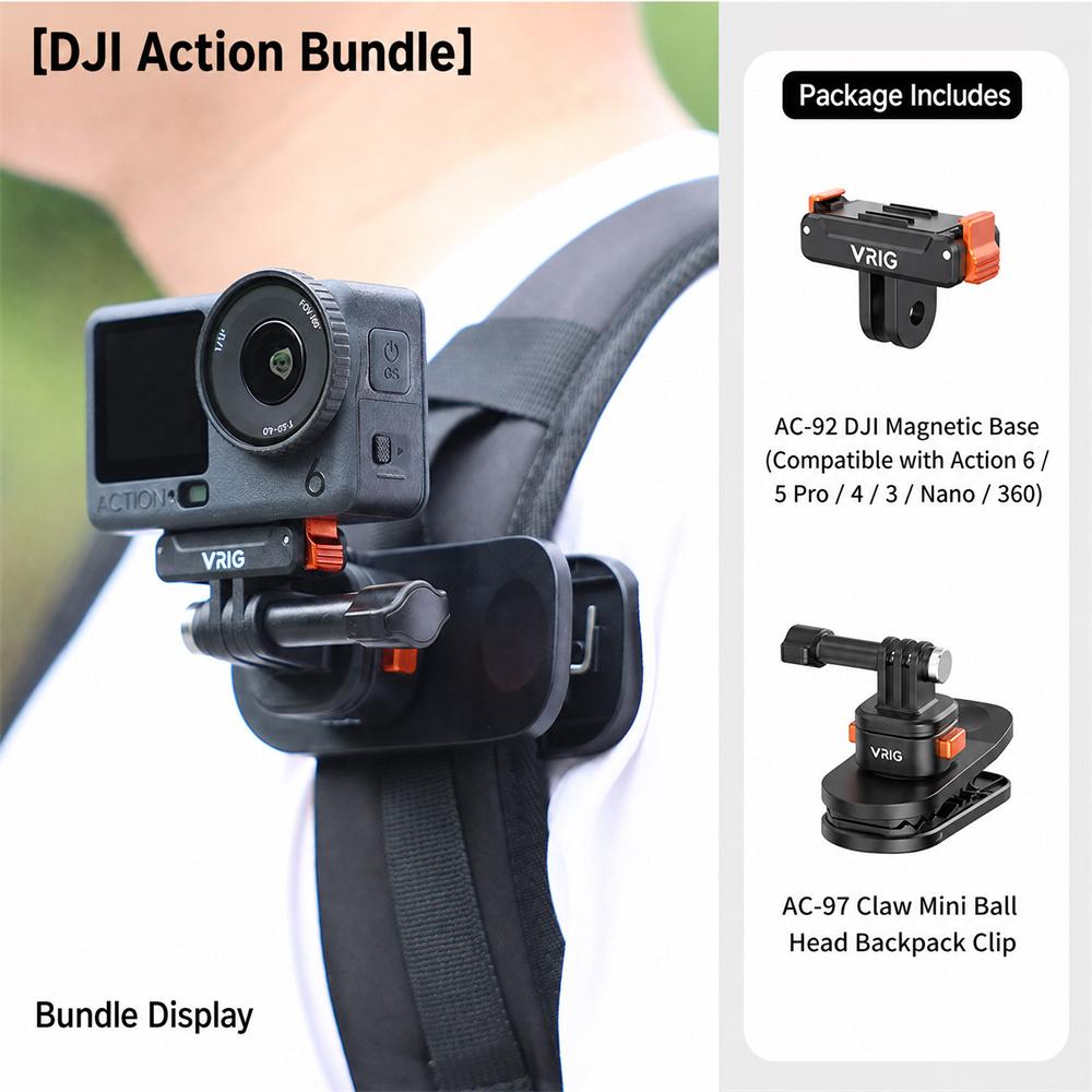 VRIG AC-97 360° Rotatable Backpack Clip for DJI Action 6/5 Pro/4/3 Insta360 Ace Pro 2 Mini BallHead Mount for Outdoor Photograph
