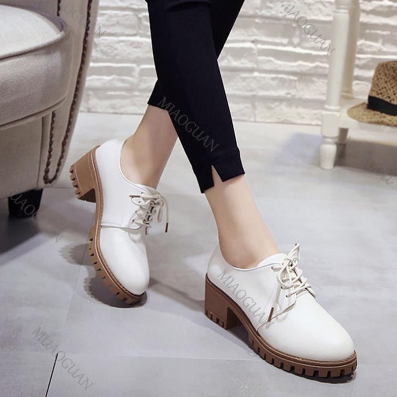 Fashion Spring Auutmn Women Pumps Thick Bottom Casual Shoes Solid Color Lace Up Heels for Women Pu Leather Chunky Middle Heeled Shoes
