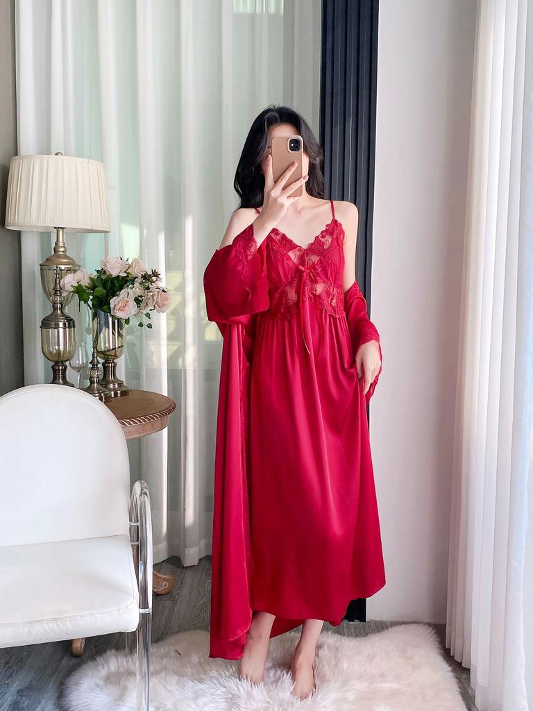 Ice silk pajamas women's spring and autumn long suspender pajamas, two summer pure desire sexy long skirts with chest pads, and robes