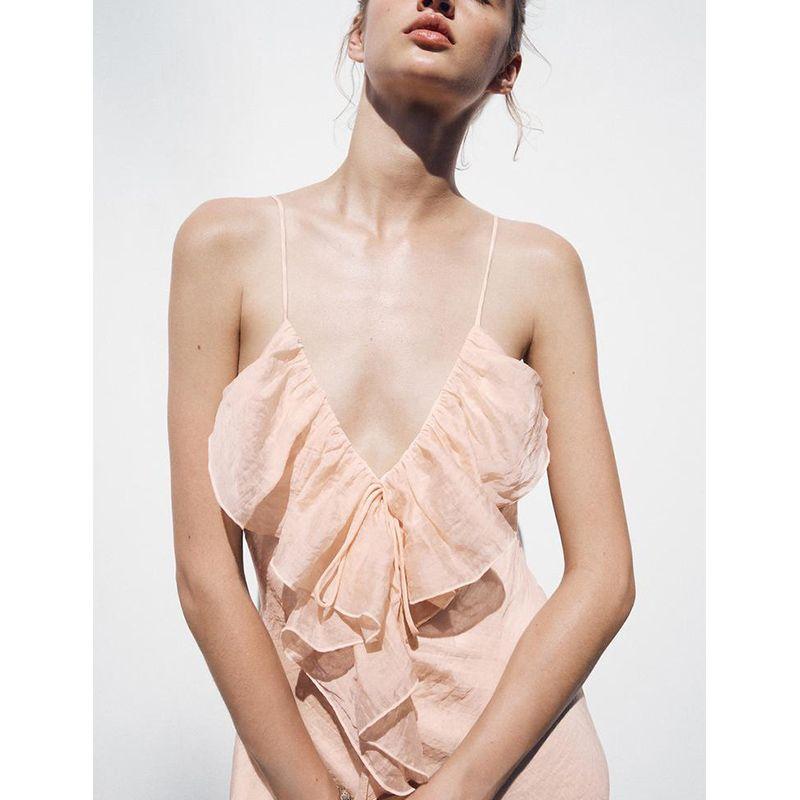 Summer New Arrival Women's Clothing Sexy V-neck Skirt with Shoulder Straps Laminated Decoration Intimates Midi Skirt Dress 5029107