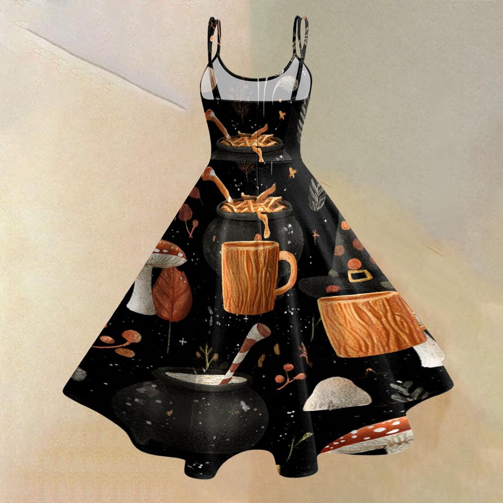 Women's Casual Round Neck Sleeveless Dress with Halloween Print for Party and Daily Wear