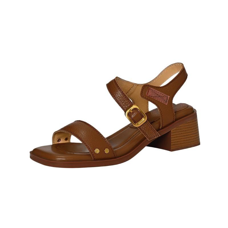 Herr. M, Sommer Vintage Sandalen mit dickem Absatz Damen Pendler Mittelhoch Klettverschluss Zehenfrei Hinten offen Weiches Leder Damenschuhe