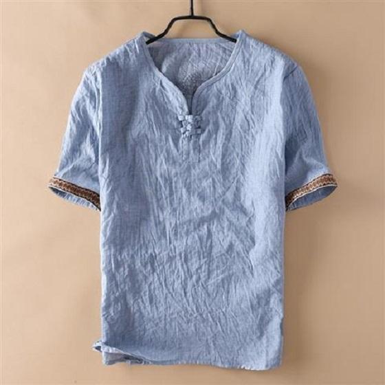 Chinese Style Disc Buckle Imitation Linen Short-sleeved T-shirt Men's Thin Casual Folds Old Cotton Imitation Cotton and Linen Men's T-shirt