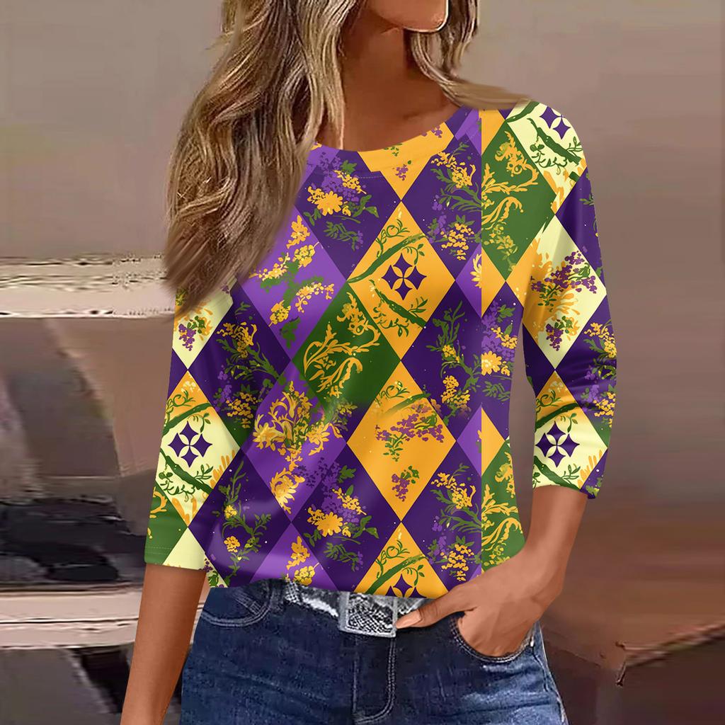 3/4 Length Sleeve Womens Tops Floral Print Vintage Fashion Casual Loose With Round Neck Plus Size Shirts