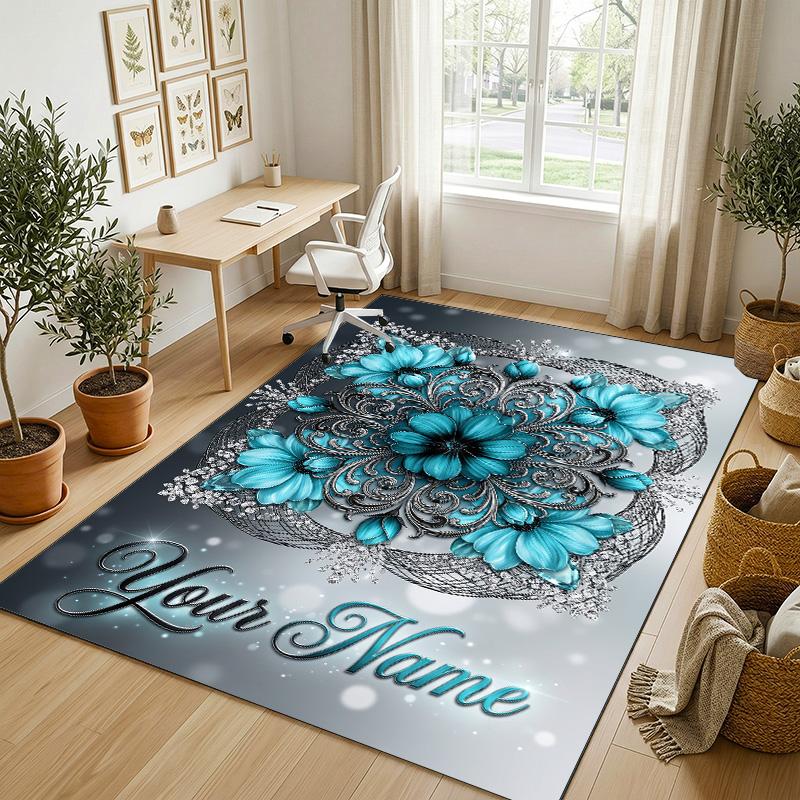 Floral Garden Theme Crystal Velvet Rug Personalized Custom Name Text Soft Floor Mat Home Decor