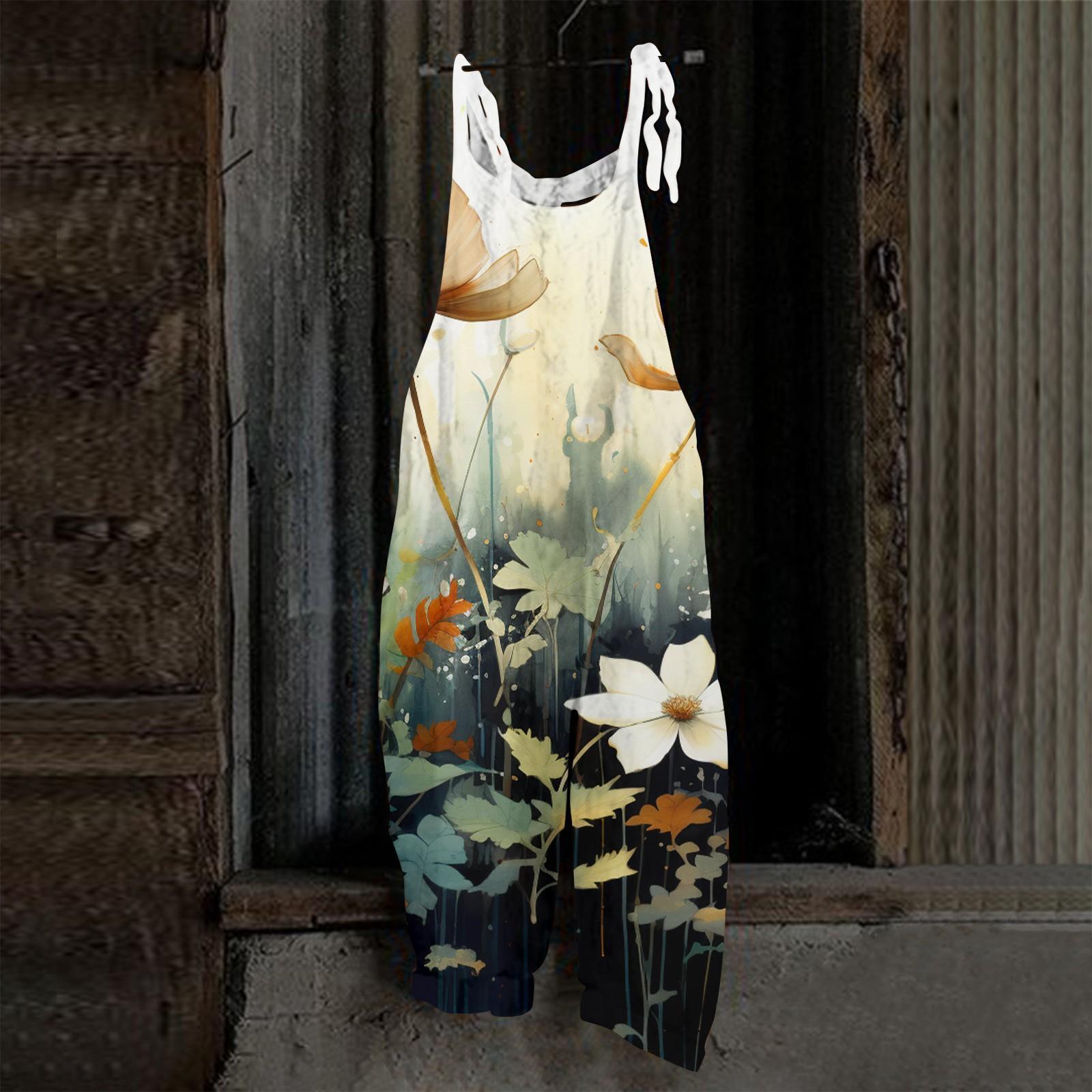 

Женский комбинезон с принтом, повседневные свободные ретро-бретельки из хлопка и льна XL жёлтый