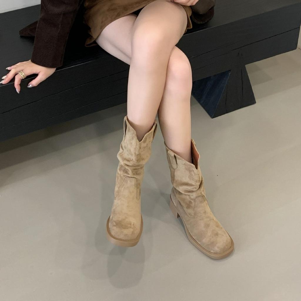 2025 New Autumn and Winter Round Head Suede Stacking Boots Pleated Thick-soled High Tube Thin Martin Women's Short Boots