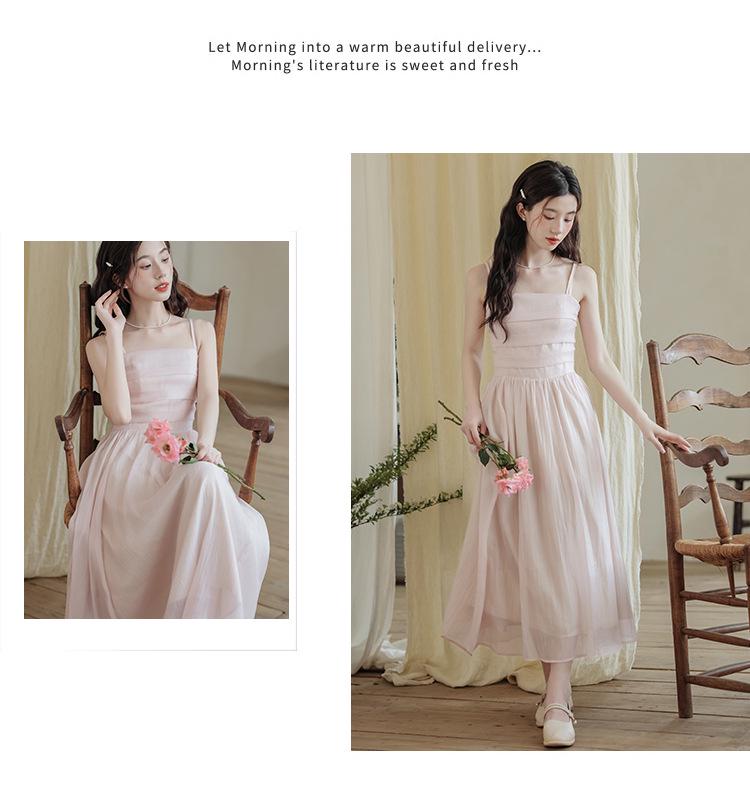 Women's Pink Fairy Mori-Style Sleeveless Long Camisole Dress for Summer Beach Vacation