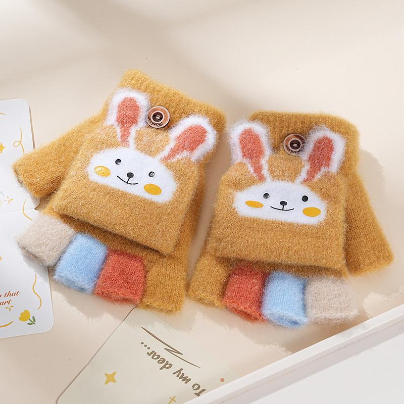 Winter Warm Kids Flip Cover Five Finger Goves Cartoon Bunny Children Knit Mitten Primary School Students Mountaineering Gloves