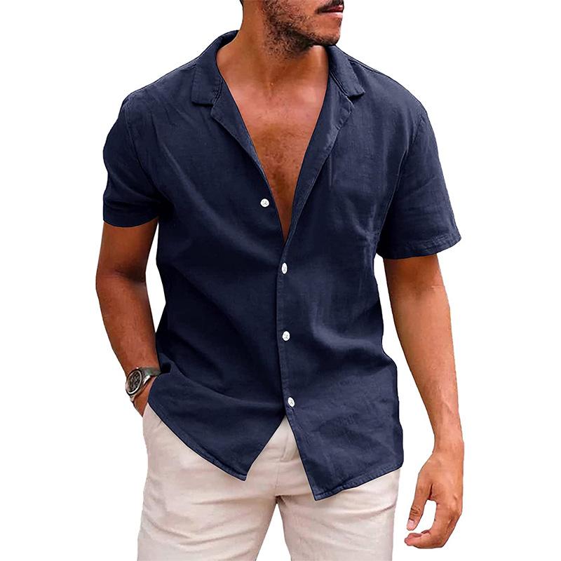 Chemise d'été à manches courtes en coton et lin pour homme avec col rabattu