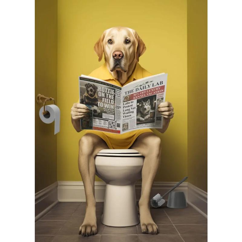 Modern Lion Dog Highland Sitting On Toilet Reading Newspaper Poster Funny Animal Print Canvas Painting Bathroom Decor Picture