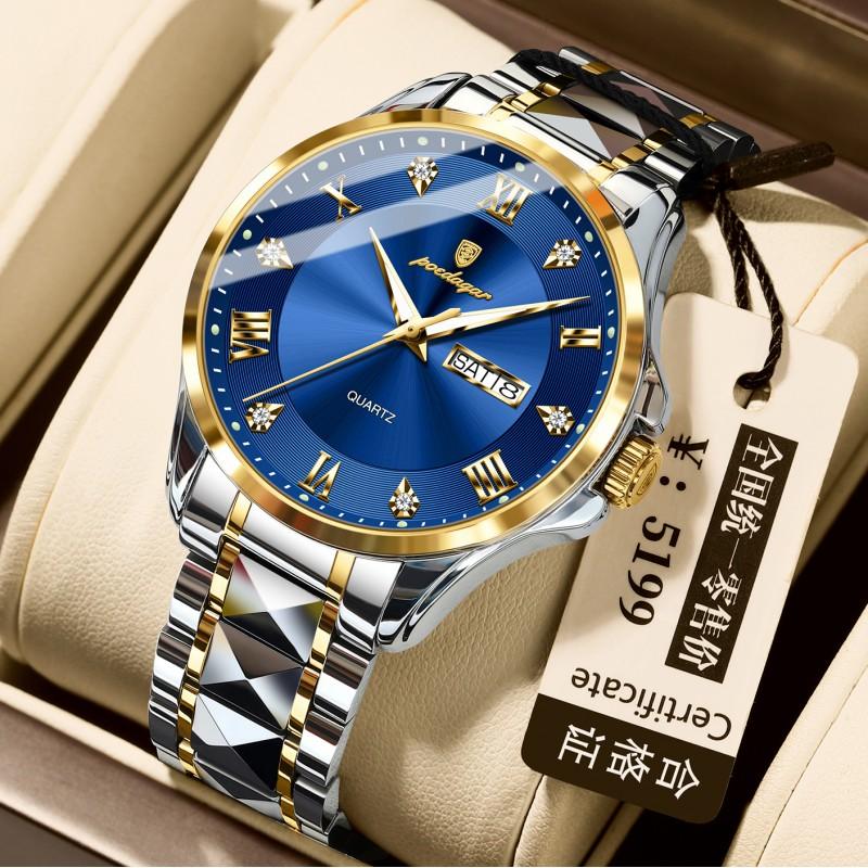 Mens Luxury Dual Calendar Quartz Watch With Luminous Hands Date Day Display Stainless Steel Band 42mm Round Dial