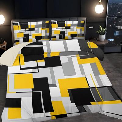 3pcs Yellow Black and Gray Squares Make Up Digital Print Quilt Set - Includes 1 Quilt Cover and 2 Pillow Cover (without Filler)