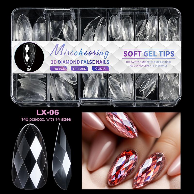 Luxury Diamond Almond Press On False Nail Tips Classic Trapezoidal Full Cover Soft Fake Nails Extension DIY Manicure Salon Tools