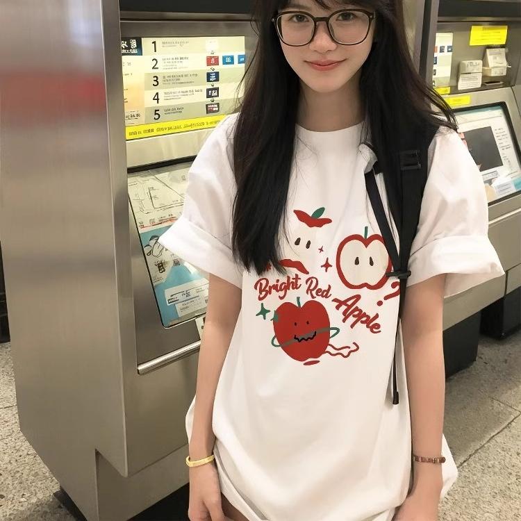 Sommar ren bomull grafiska t-shirts Dam rolig tecknad tryckt t-shirt harajuku O-ringning överdimensionerad ledig Y2K toppar vit streetwear
