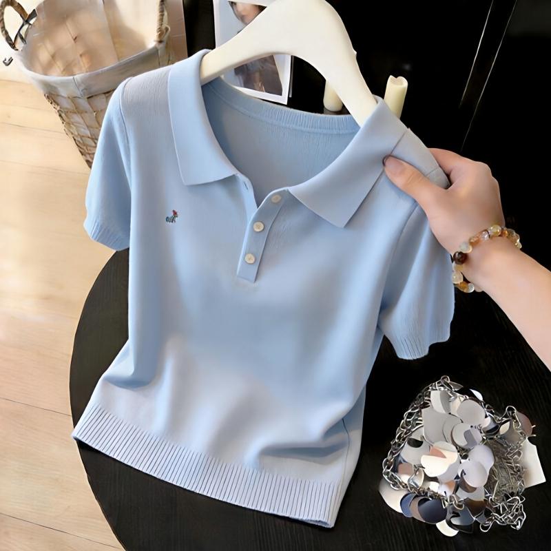 Summer New Style Women's Sweet Style Polo-neck Short-sleeved T-shirt Knitted Top