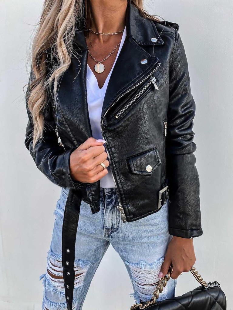 2025 Spring/Summer Women's PU Leather Motorcycle Jacket – Short Zipper Style