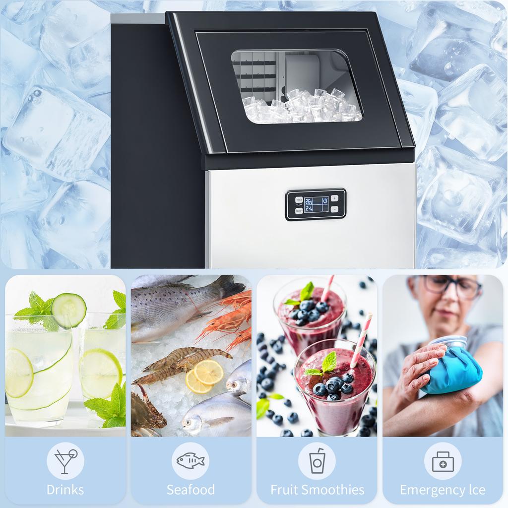 Commercial Ice Maker Machine, Freestanding Stainless Steel Ice Machine with Self-Cleaning, LCD Display, 45kg/24 Hours and 11kg Storage for Home