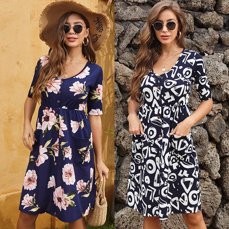 

Holiday dress print V-neck mid-sleeved slim cropped button-down dress XL