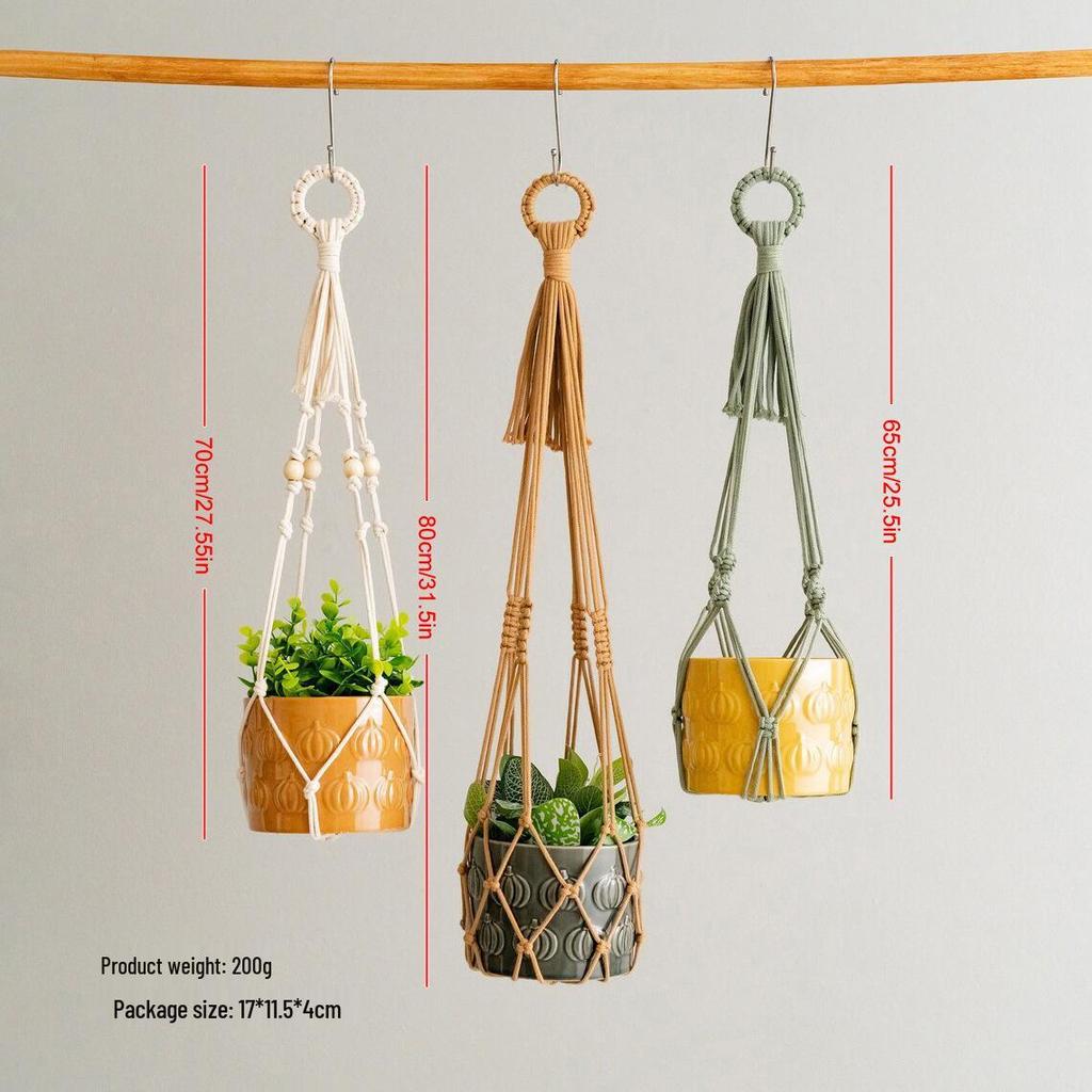 3-Piece Woven Cotton Rope Hanging Basket Set with Colorful Tassels, Bohemian Decorative Bag Hanger