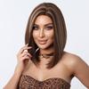 Womens Golden Brown Straight Bob Wig With Center Part Heat-Resistant Synthetic Hair Short Locks To Collarbone Length
