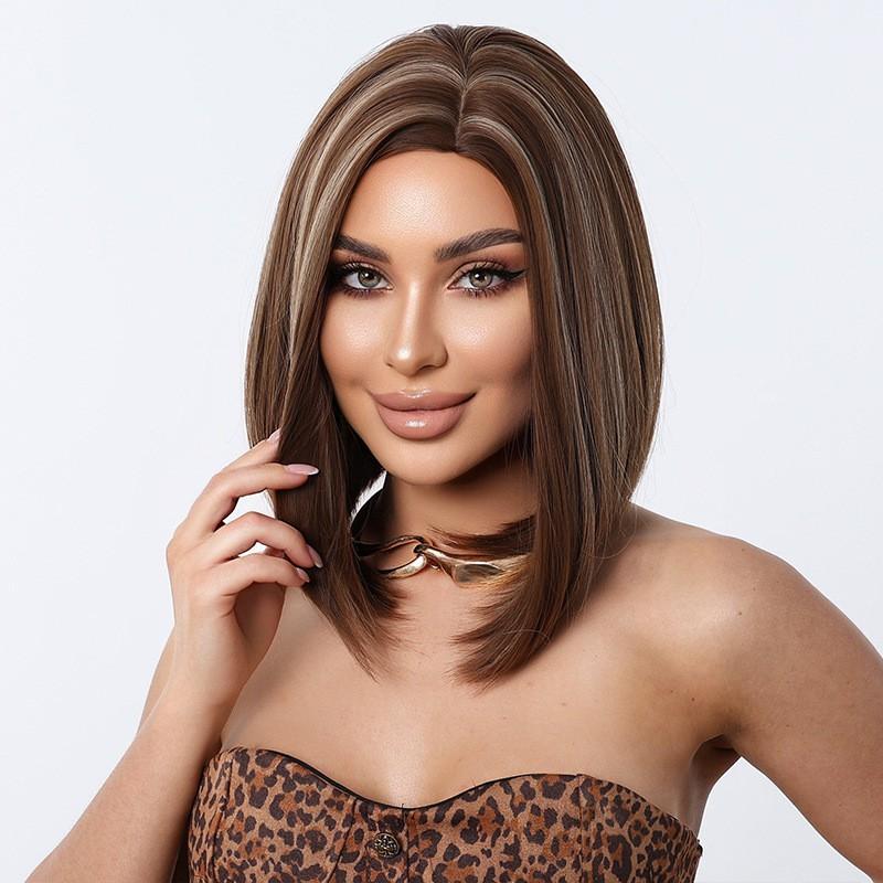 Womens Golden Brown Straight Bob Wig With Center Part Heat-Resistant Synthetic Hair Short Locks To Collarbone Length