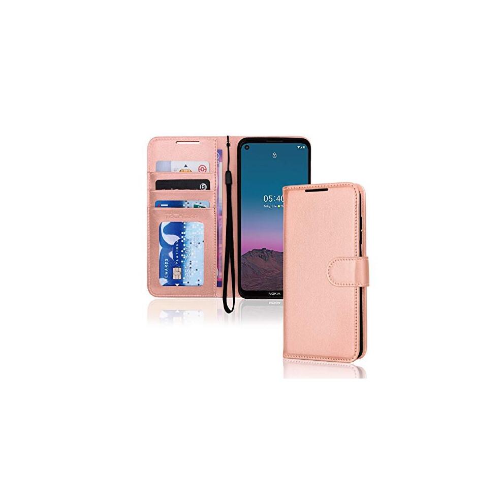 (Roségold) Portemonnaie-Hülle passend für Nokia 5.4 - Leder-Portemonnaie-Flip-Schutzhülle mit Kartenfächern, Ständer und Armband - PU-Leder-Flip-Abdeckung